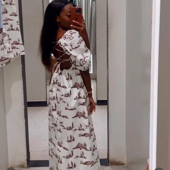 MANGO cactus print puff sleeve long dress blogger fave zara competitor - Picture 4 of 10